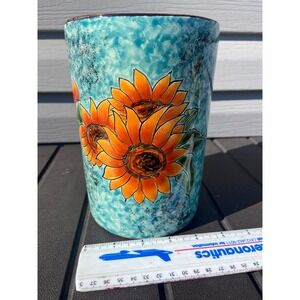 Alfa Contreras Novica Mexico Ceramic Sunflower Vase Turquoise Blue Hand Painted